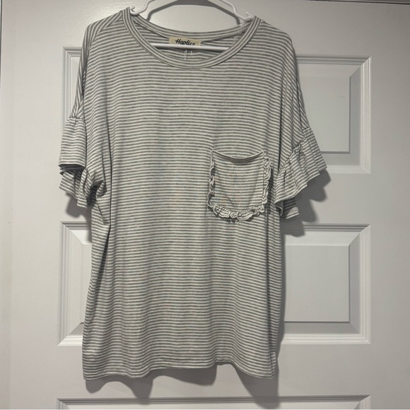 Haptics Women's Short Sleeve Striped Top with Ruffled Pocket and Sleeves - Picture 1 of 7